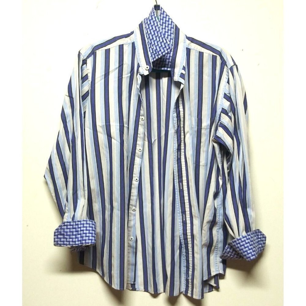 BUGATCHI UOMO Shirt Sz M Striped Flip Cuffs geometric print blue white LS Cotton